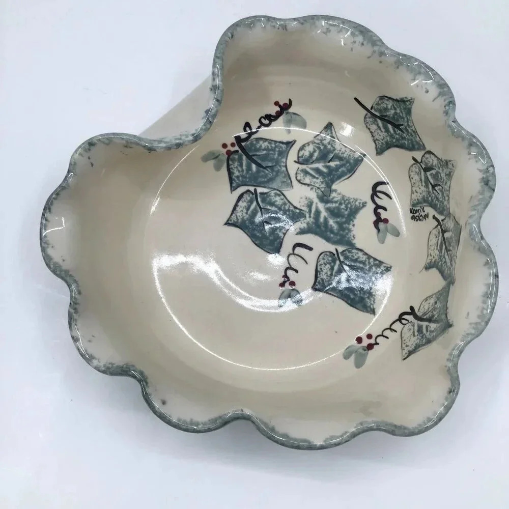 Vintage Abstract Studio Ceramic Ivy Holly Serving Bowl Artist Signed Green Red